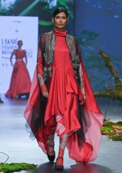 Red Printed Dress With Black Cape Set