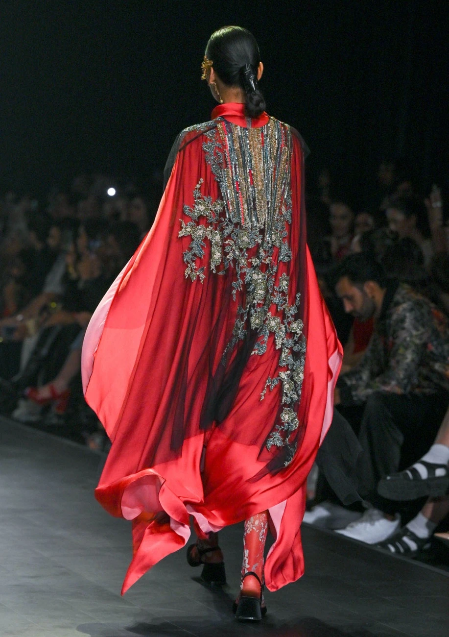 Red Printed Dress With Black Cape Set 4 Red Printed Dress With Black Cape Set - Image 2