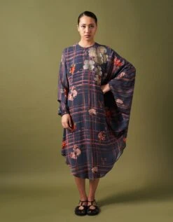 French Blue Tissue Applique Flora Check Printed Kaftan Dress