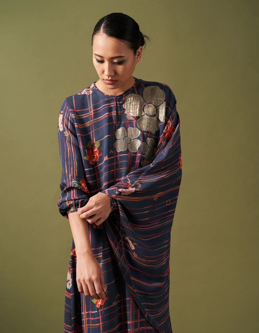 French Blue Tissue Applique Flora Check Printed Kaftan Dress 4 French Blue Tissue Applique Flora Check Printed Kaftan Dress - Image 2