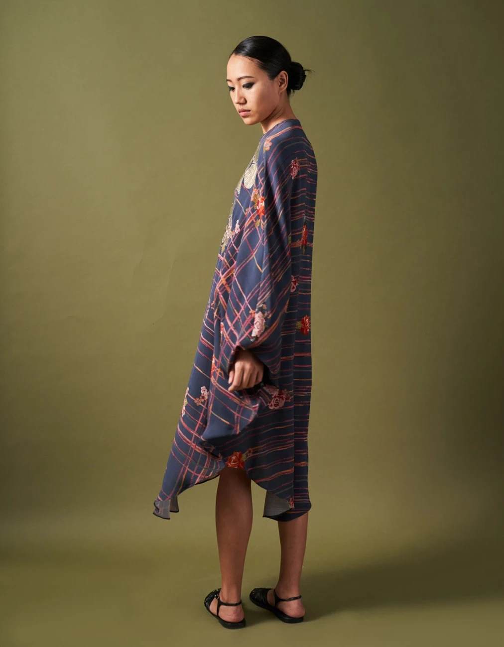 French Blue Tissue Applique Flora Check Printed Kaftan Dress 5 French Blue Tissue Applique Flora Check Printed Kaftan Dress - Image 3