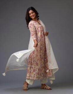 Pink And Mustard Hand Block Printed Easy Fit Kurta Dress Set Detailed With All-Over Floral Jaal Embroidery