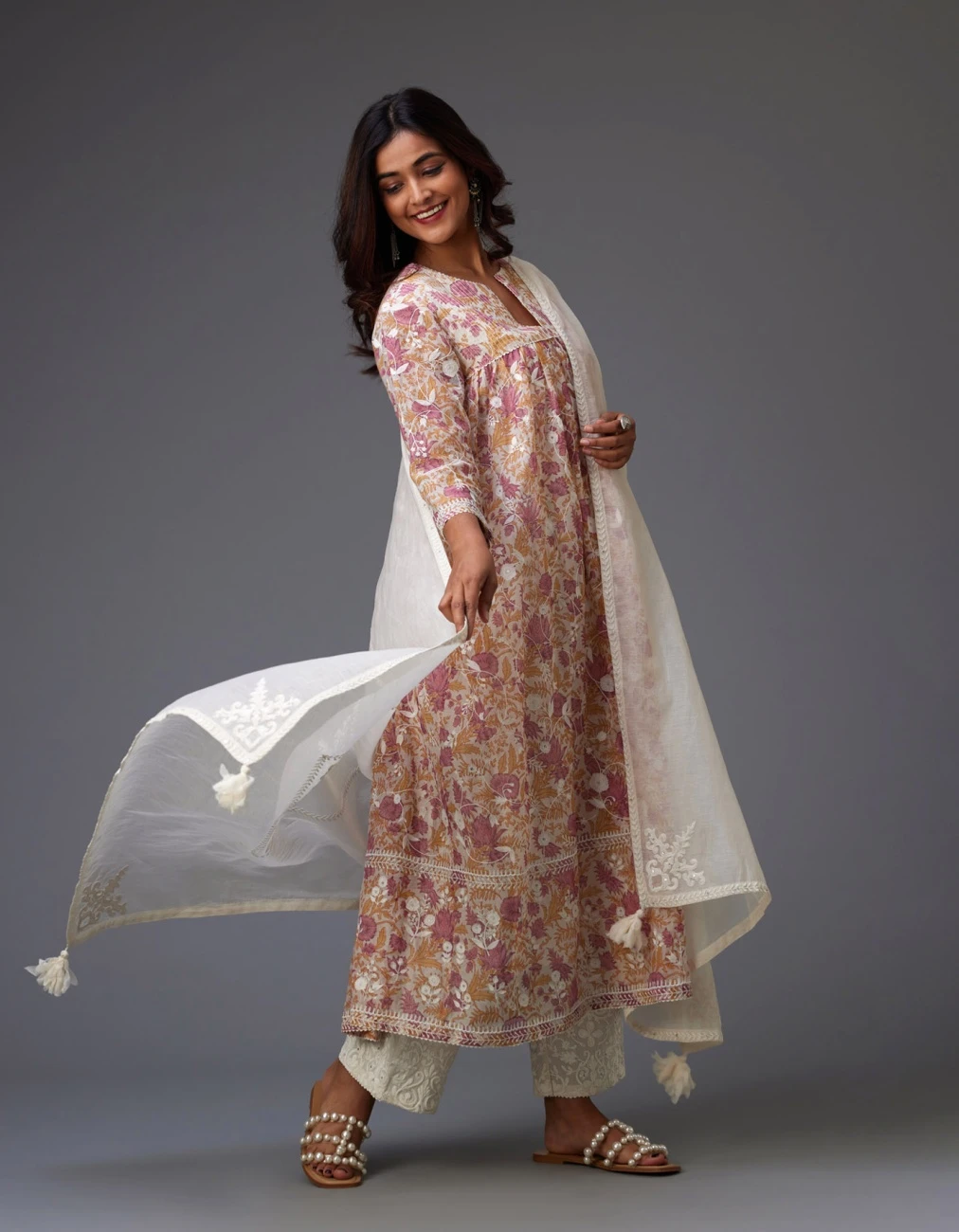 Pink And Mustard Hand Block Printed Easy Fit Kurta Dress Set Detailed With All-Over Floral Jaal Embroidery 3 Pink And Mustard Hand Block Printed Easy Fit Kurta Dress Set Detailed With All-Over Floral Jaal Embroidery