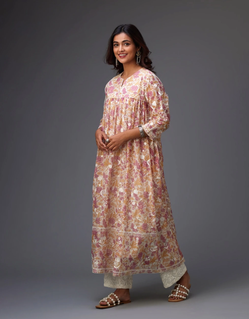 Pink And Mustard Hand Block Printed Easy Fit Kurta Dress Set Detailed With All-Over Floral Jaal Embroidery 4 Pink And Mustard Hand Block Printed Easy Fit Kurta Dress Set Detailed With All-Over Floral Jaal Embroidery - Image 2