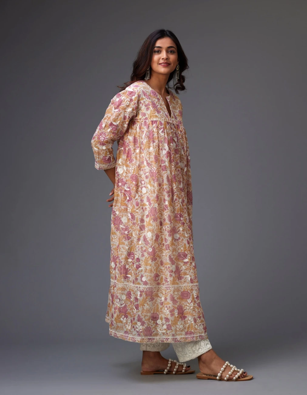 Pink And Mustard Hand Block Printed Easy Fit Kurta Dress Set Detailed With All-Over Floral Jaal Embroidery 5 Pink And Mustard Hand Block Printed Easy Fit Kurta Dress Set Detailed With All-Over Floral Jaal Embroidery - Image 3