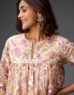 Pink And Mustard Hand Block Printed Easy Fit Kurta Dress Set Detailed With All-Over Floral Jaal Embroidery 12 Pink And Mustard Hand Block Printed Easy Fit Kurta Dress Set Detailed With All-Over Floral Jaal Embroidery -Ethereal Styles vs064