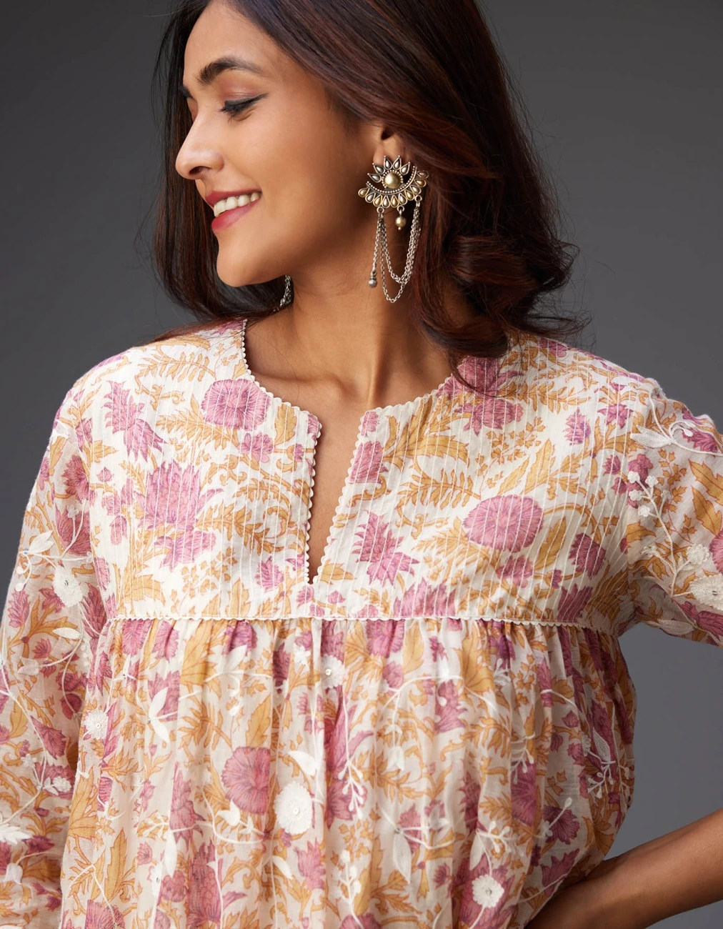 Pink And Mustard Hand Block Printed Easy Fit Kurta Dress Set Detailed With All-Over Floral Jaal Embroidery 6 Pink And Mustard Hand Block Printed Easy Fit Kurta Dress Set Detailed With All-Over Floral Jaal Embroidery - Image 4