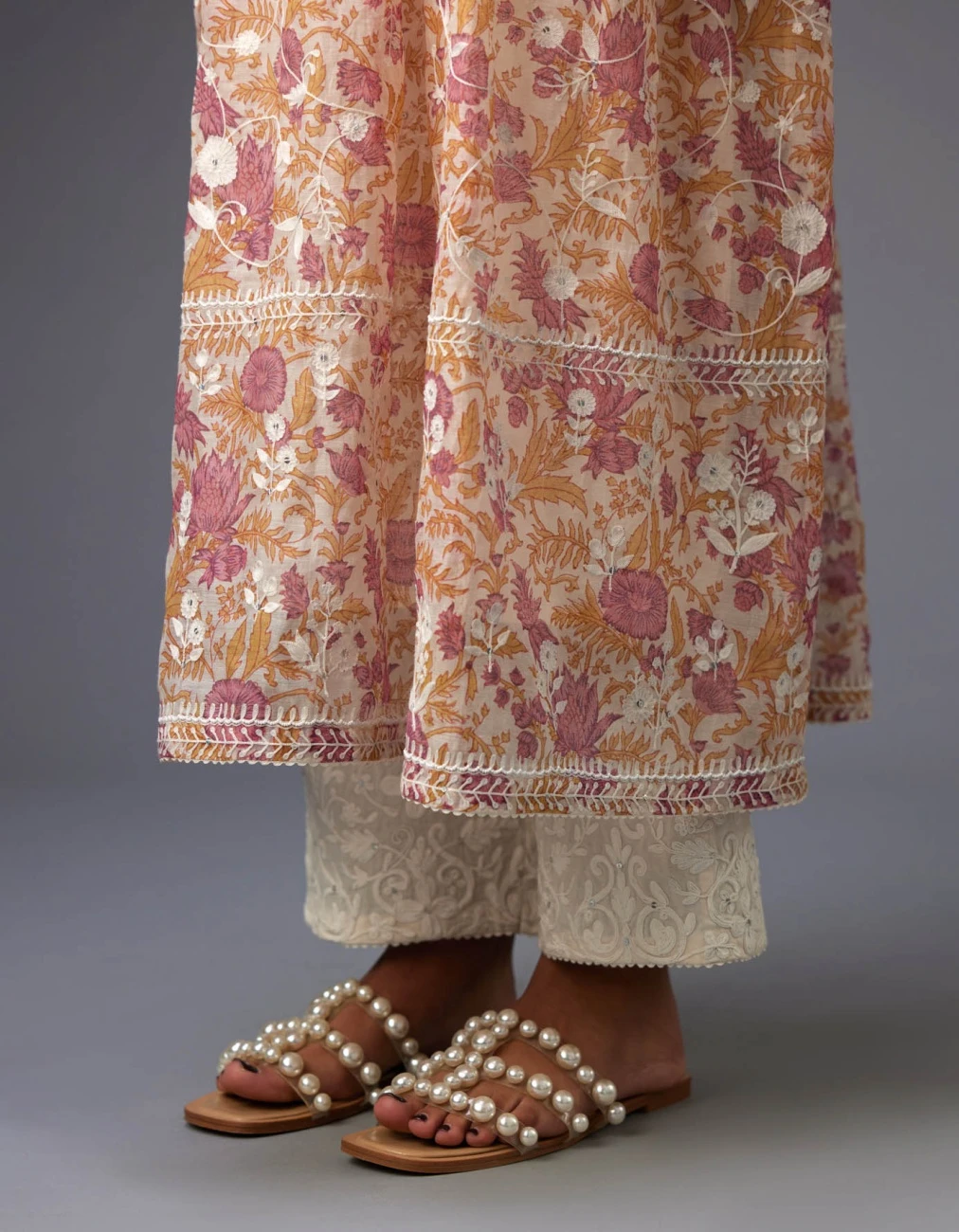 Pink And Mustard Hand Block Printed Easy Fit Kurta Dress Set Detailed With All-Over Floral Jaal Embroidery 8 Pink And Mustard Hand Block Printed Easy Fit Kurta Dress Set Detailed With All-Over Floral Jaal Embroidery - Image 6