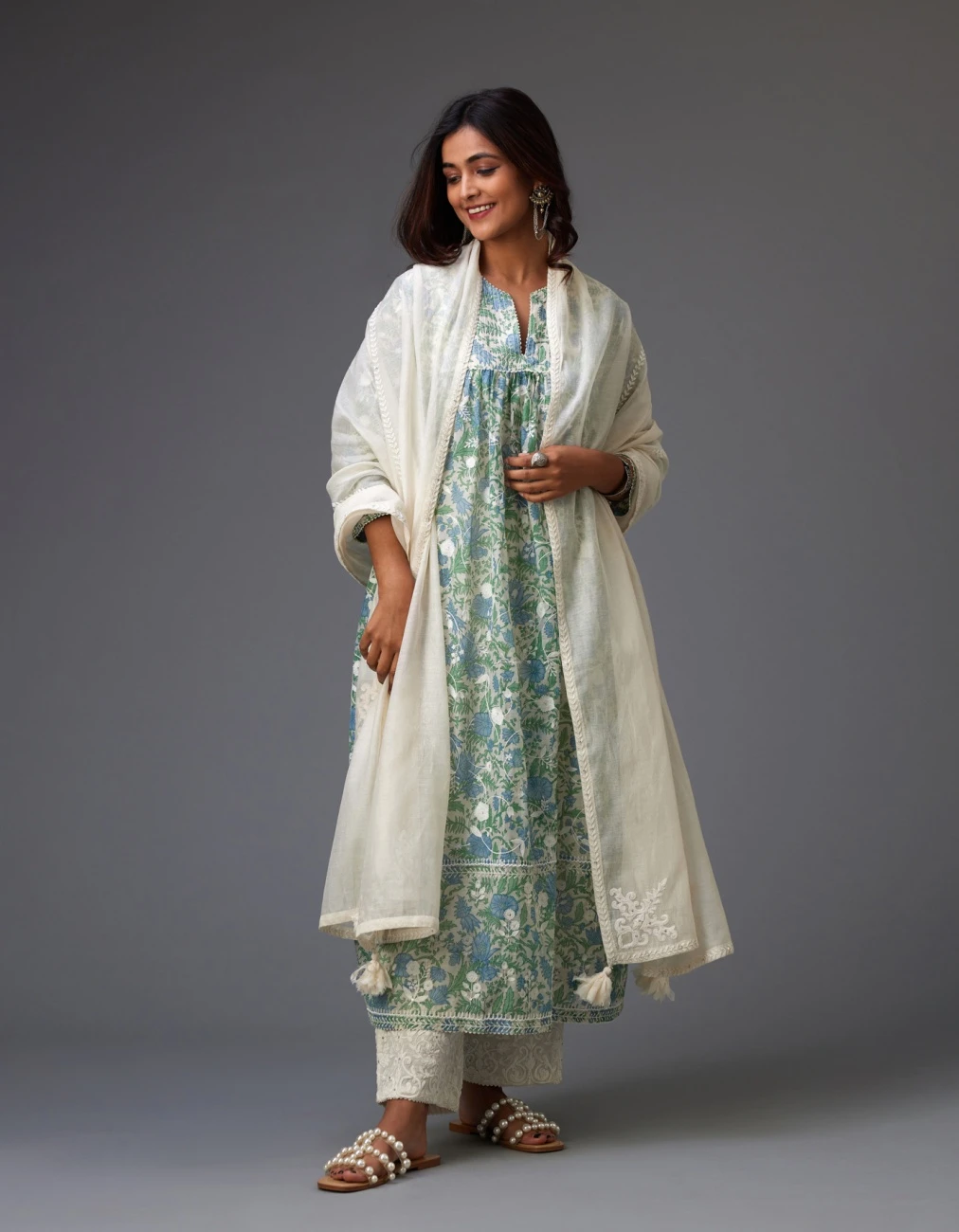 Blue And Green Hand Block Printed Easy Fit Kurta Dress Set Detailed With All-Over Floral Jaal Embroidery 3 Blue And Green Hand Block Printed Easy Fit Kurta Dress Set Detailed With All-Over Floral Jaal Embroidery