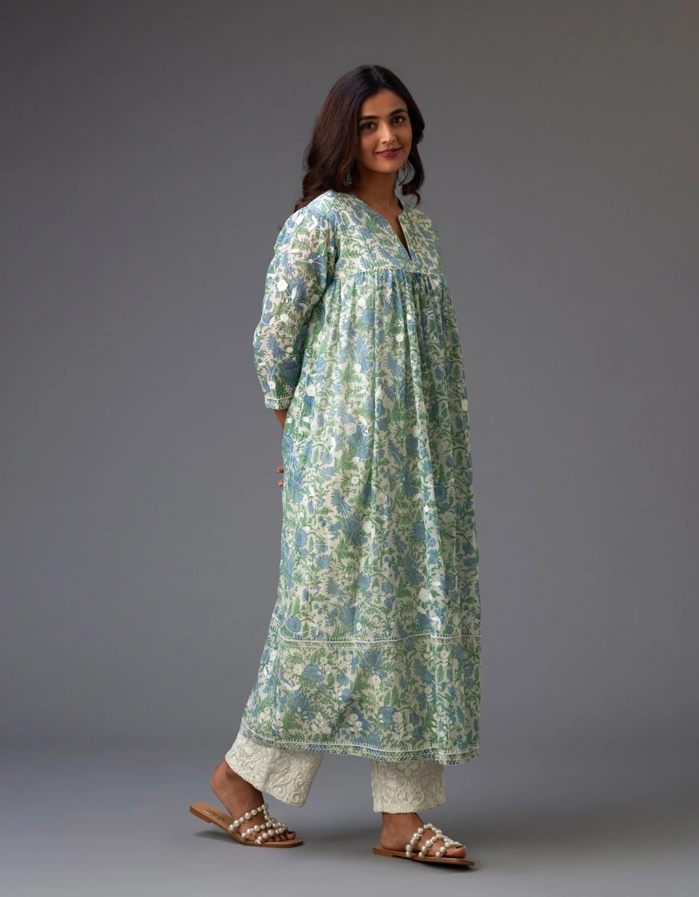 Blue And Green Hand Block Printed Easy Fit Kurta Dress Set Detailed With All-Over Floral Jaal Embroidery 5 Blue And Green Hand Block Printed Easy Fit Kurta Dress Set Detailed With All-Over Floral Jaal Embroidery - Image 3
