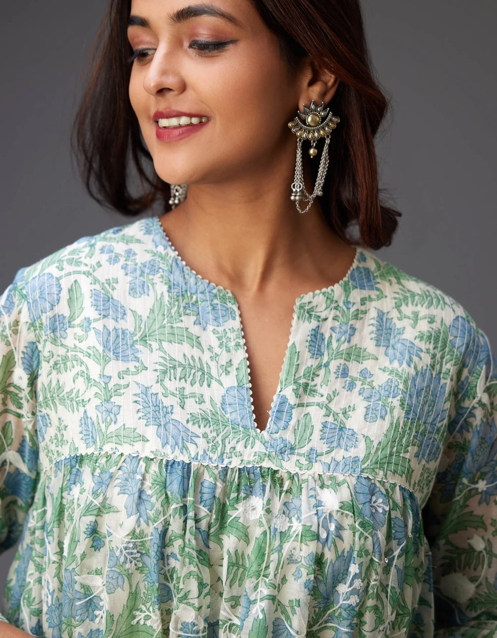 Blue And Green Hand Block Printed Easy Fit Kurta Dress Set Detailed With All-Over Floral Jaal Embroidery 7 Blue And Green Hand Block Printed Easy Fit Kurta Dress Set Detailed With All-Over Floral Jaal Embroidery - Image 5