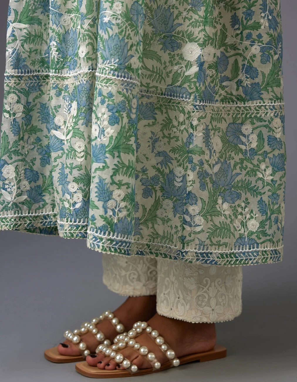 Blue And Green Hand Block Printed Easy Fit Kurta Dress Set Detailed With All-Over Floral Jaal Embroidery 8 Blue And Green Hand Block Printed Easy Fit Kurta Dress Set Detailed With All-Over Floral Jaal Embroidery - Image 6