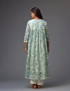 Blue And Green Hand Block Printed Easy Fit Kurta Dress Set Detailed With All-Over Floral Jaal Embroidery 15 Blue And Green Hand Block Printed Easy Fit Kurta Dress Set Detailed With All-Over Floral Jaal Embroidery -Ethereal Styles vs06ab