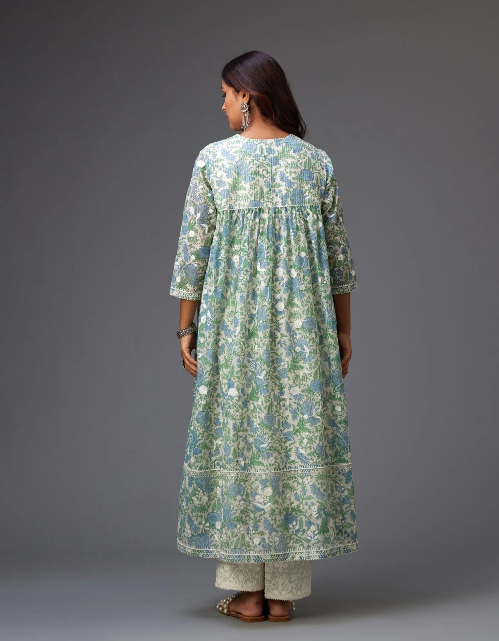 Blue And Green Hand Block Printed Easy Fit Kurta Dress Set Detailed With All-Over Floral Jaal Embroidery 9 Blue And Green Hand Block Printed Easy Fit Kurta Dress Set Detailed With All-Over Floral Jaal Embroidery - Image 7