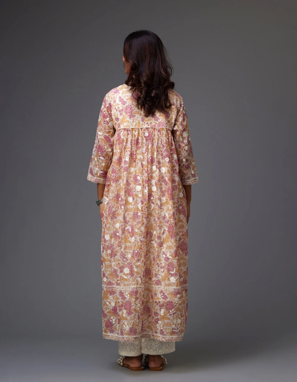 Pink And Mustard Hand Block Printed Easy Fit Kurta Dress Set Detailed With All-Over Floral Jaal Embroidery 9 Pink And Mustard Hand Block Printed Easy Fit Kurta Dress Set Detailed With All-Over Floral Jaal Embroidery - Image 7