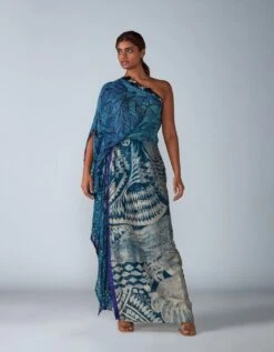 Dual Abstract Bird & Tile Print Shoulder Kaftan Dress With Hand Embroidred Neckline Of Mirrors, Tassles, Thread Work & Bullion