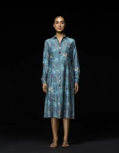 Rainforest Pleated Dress Blue Muga Satin