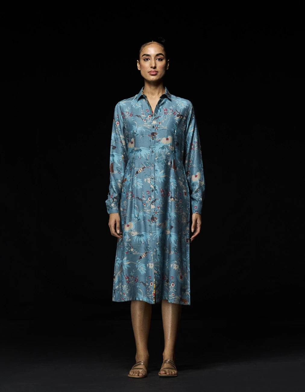 Rainforest Pleated Dress Blue Muga Satin 3 Rainforest Pleated Dress Blue Muga Satin