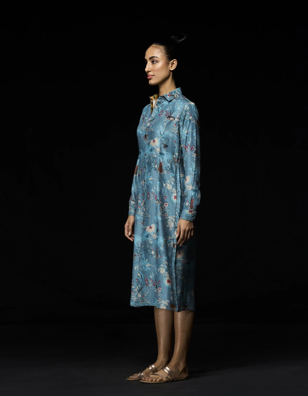 Rainforest Pleated Dress Blue Muga Satin 4 Rainforest Pleated Dress Blue Muga Satin - Image 2