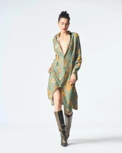 Orchard Pleated Dress Sage Muga Satin Silk