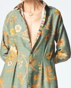 Orchard Pleated Dress Sage Muga Satin Silk -Ethereal Styles wdr501mt538 5