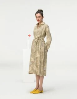 Rainforest Tie Belt Shirt Dress Oyster Grey Muga Satin Silk -Ethereal Styles ws476sms5552