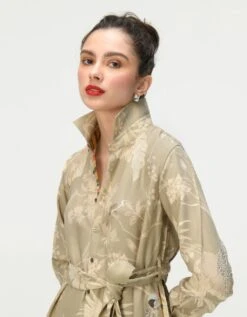 Rainforest Tie Belt Shirt Dress Oyster Grey Muga Satin Silk -Ethereal Styles ws476sms5553