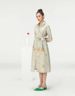 Rainforest Tie Belt Shirt Dress Ice Blue Muga Satin Silk -Ethereal Styles ws476sms5562