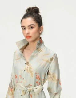 Rainforest Tie Belt Shirt Dress Ice Blue Muga Satin Silk -Ethereal Styles ws476sms5564