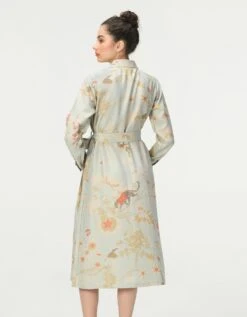 Rainforest Tie Belt Shirt Dress Ice Blue Muga Satin Silk -Ethereal Styles ws476sms556b