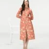 Rainforest Tie Belt Shirt Dress Coral Muga Satin Silk -Ethereal Styles ws476sms5571