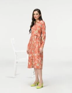 Rainforest Tie Belt Shirt Dress Coral Muga Satin Silk -Ethereal Styles ws476sms5572