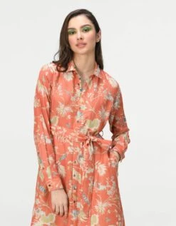 Rainforest Tie Belt Shirt Dress Coral Muga Satin Silk -Ethereal Styles ws476sms5573