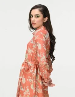 Rainforest Tie Belt Shirt Dress Coral Muga Satin Silk -Ethereal Styles ws476sms5574