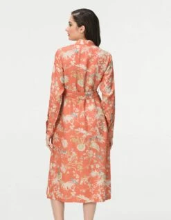 Rainforest Tie Belt Shirt Dress Coral Muga Satin Silk -Ethereal Styles ws476sms557b