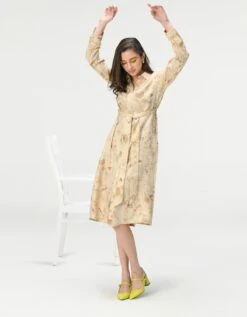 Rainforest Tie Belt Shirt Dress Ivory Muga Satin Silk