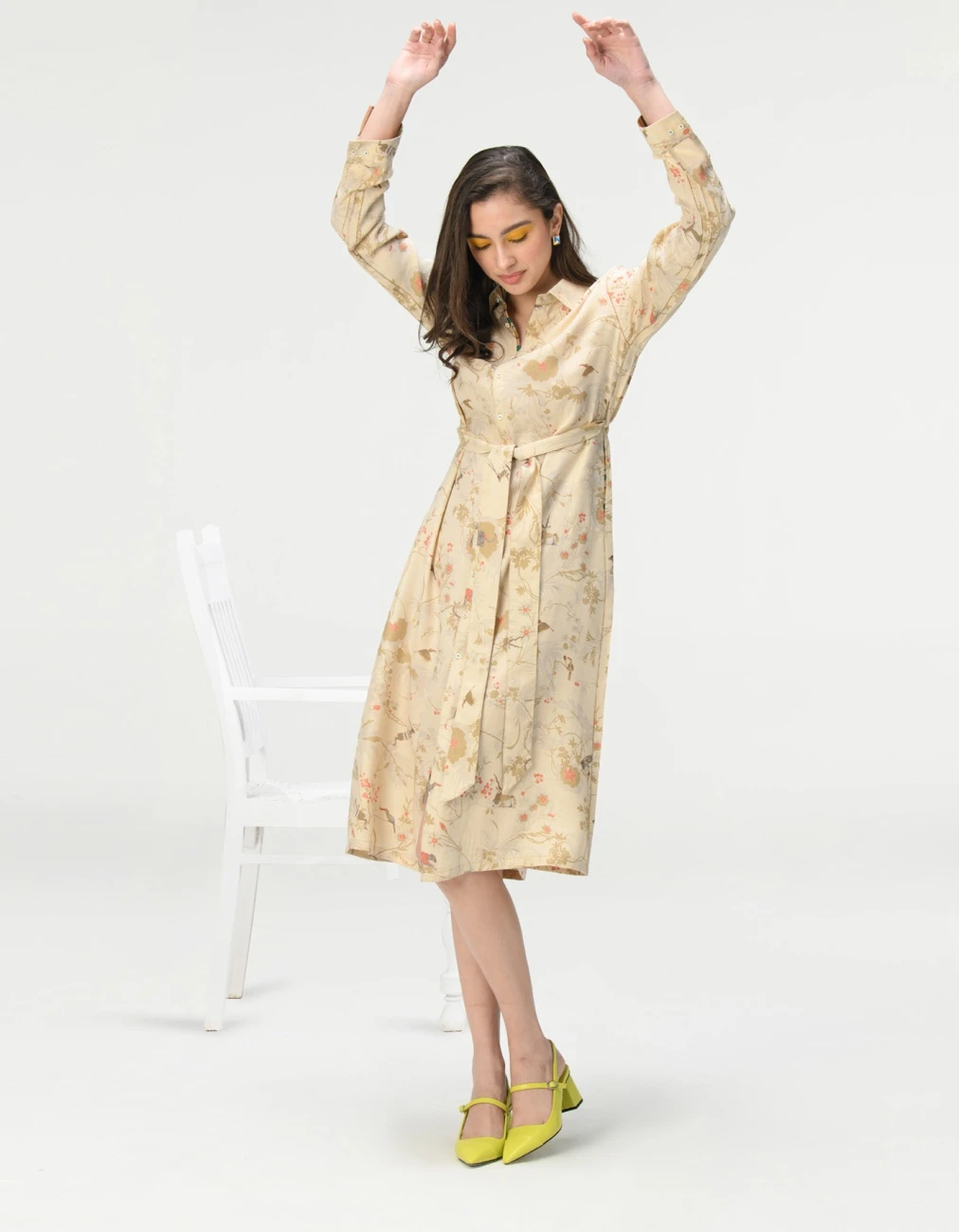 Rainforest Tie Belt Shirt Dress Ivory Muga Satin Silk 3 Rainforest Tie Belt Shirt Dress Ivory Muga Satin Silk