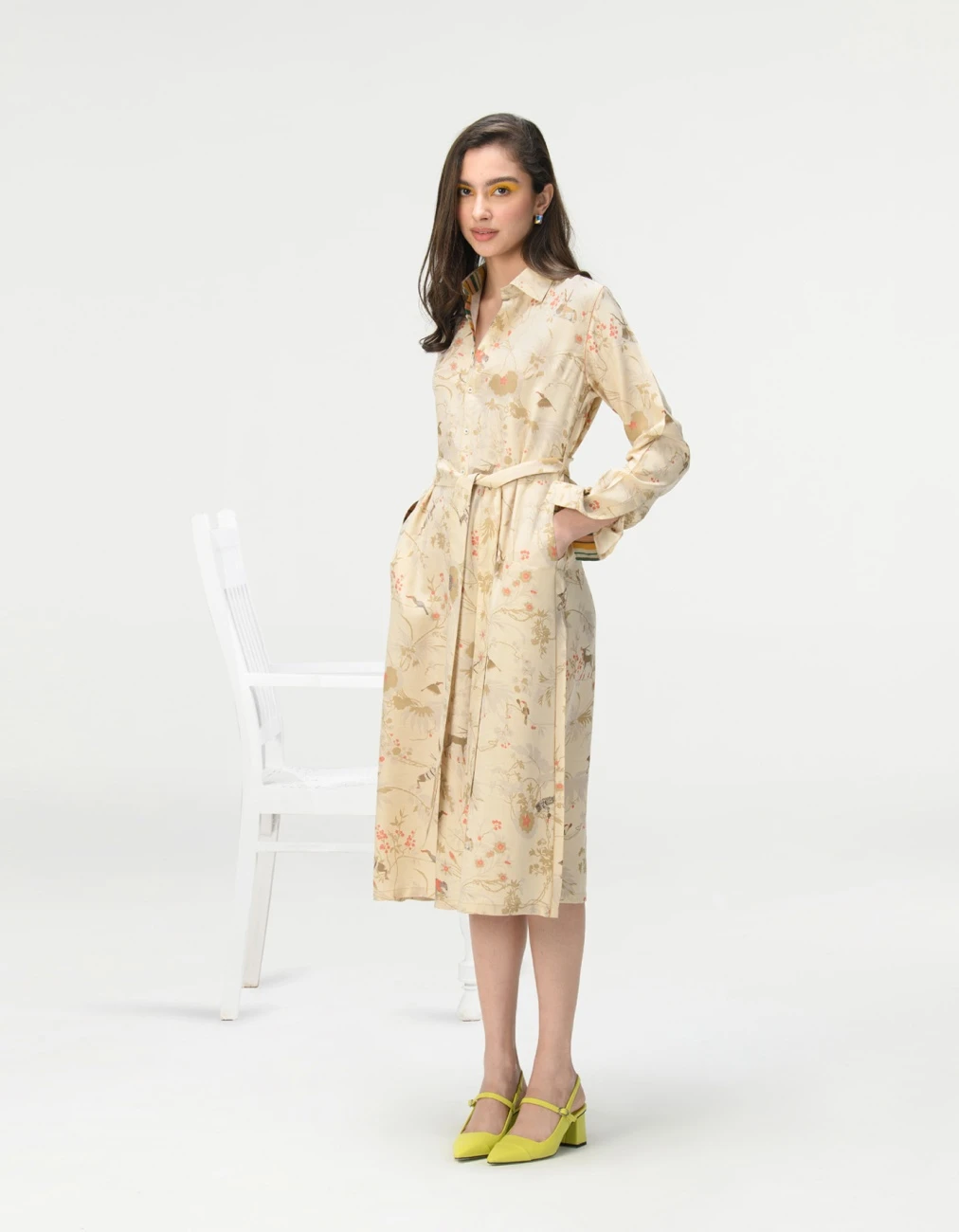 Rainforest Tie Belt Shirt Dress Ivory Muga Satin Silk 4 Rainforest Tie Belt Shirt Dress Ivory Muga Satin Silk - Image 2