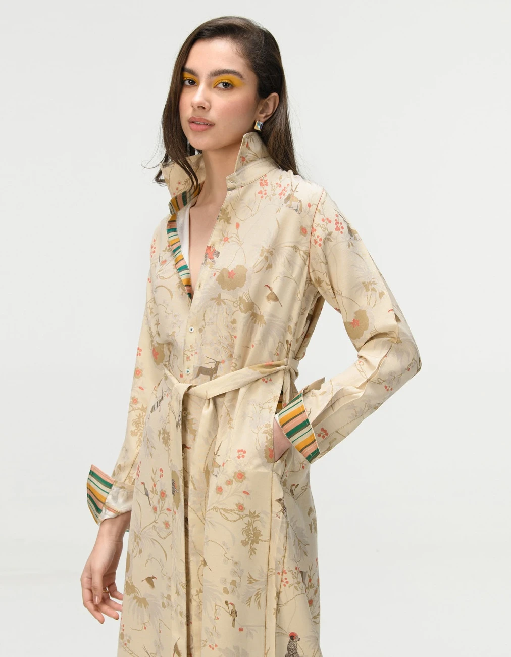 Rainforest Tie Belt Shirt Dress Ivory Muga Satin Silk 5 Rainforest Tie Belt Shirt Dress Ivory Muga Satin Silk - Image 3