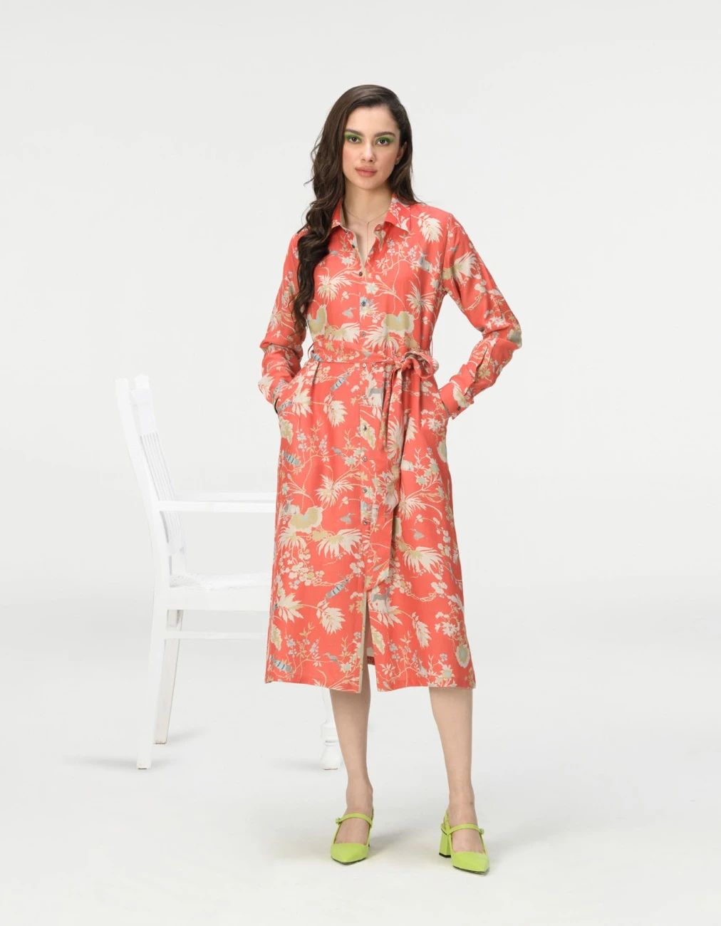 Rainforest Tie Belt Shirt Dress Red Muga Satin Silk 3 Rainforest Tie Belt Shirt Dress Red Muga Satin Silk