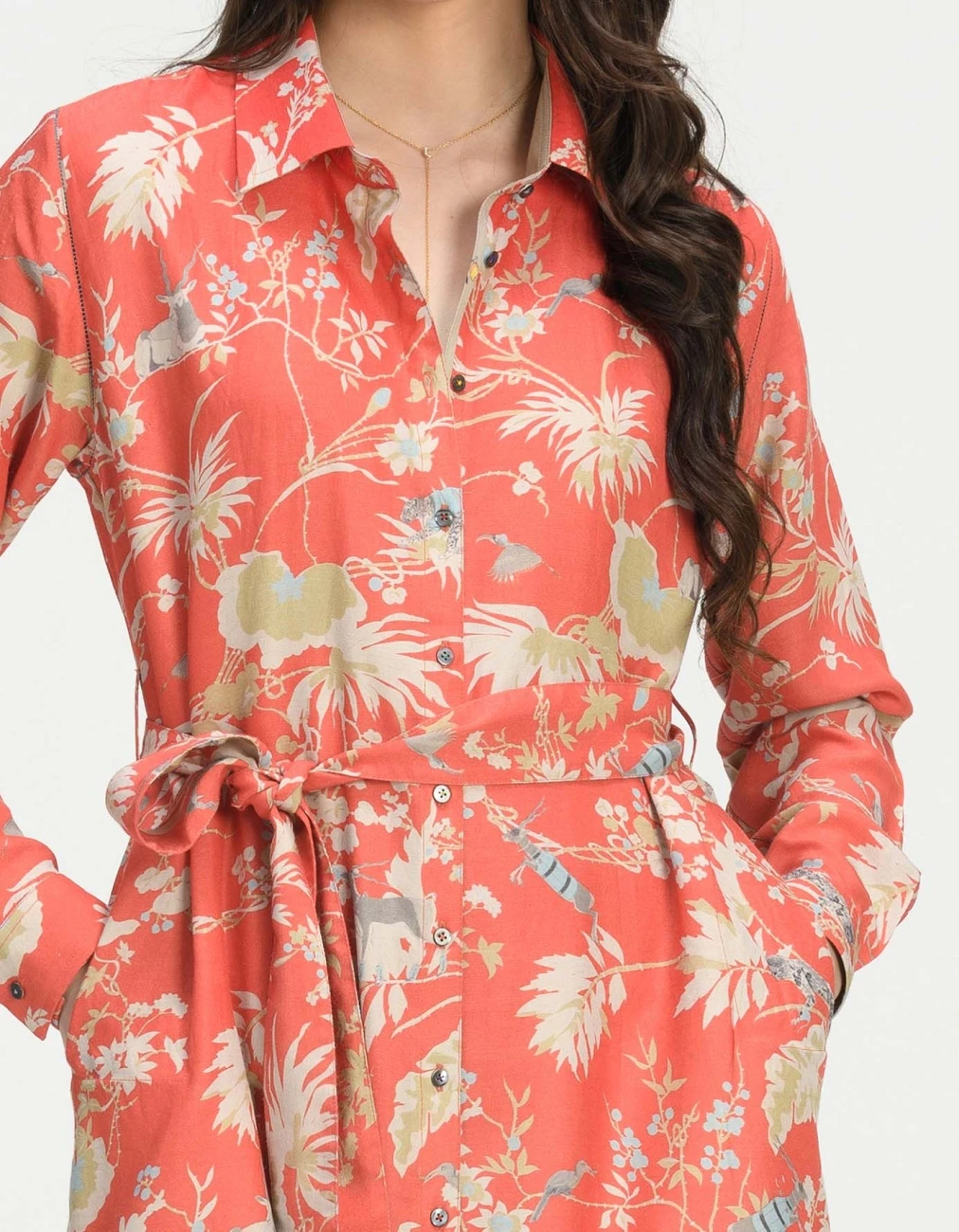 Rainforest Tie Belt Shirt Dress Red Muga Satin Silk 5 Rainforest Tie Belt Shirt Dress Red Muga Satin Silk - Image 3